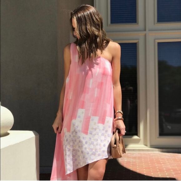 Anthropologie Maeve Pink Silk Asymmetrical Hem Mini Cocktail Dress Size 0 - Picture 3 of 8